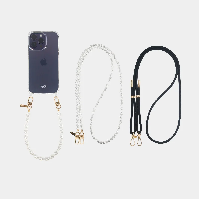 Clear Phone Case + Pearl Wristlet & Crossbody Chain + Black Strap