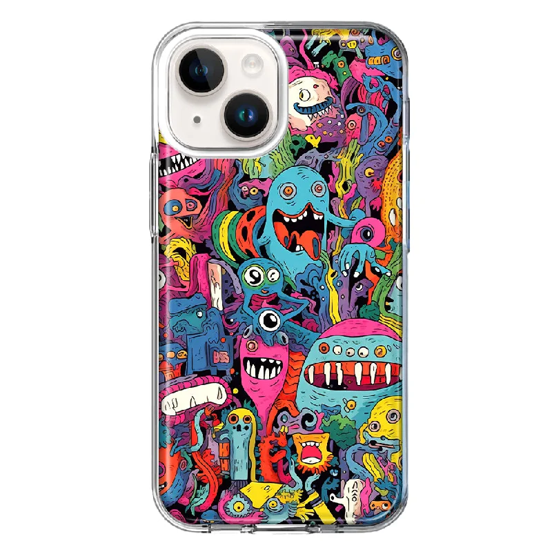 For Apple iPhone 14 Plus Psychedelic Trippy Happy Aliens Characters Design Hybrid Protective Phone Case Cover