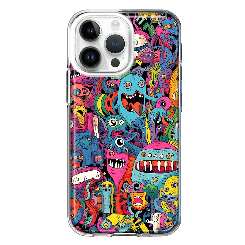 For Apple iPhone 14 Pro Max Psychedelic Trippy Happy Aliens Characters Design Hybrid Protective Phone Case Cover