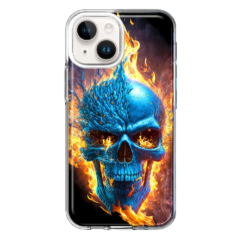 For Apple iPhone 15 Blue Flaming Skull Burning Fire Case Cover