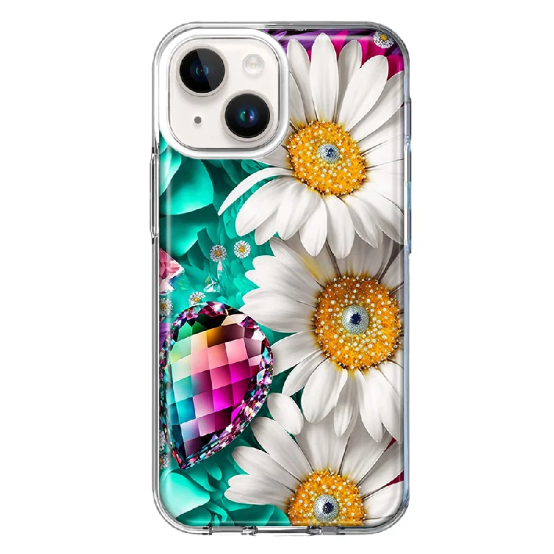 For Apple iPhone 15 Colorful Crystal White Daisies Rainbow Gems Teal Case Cover