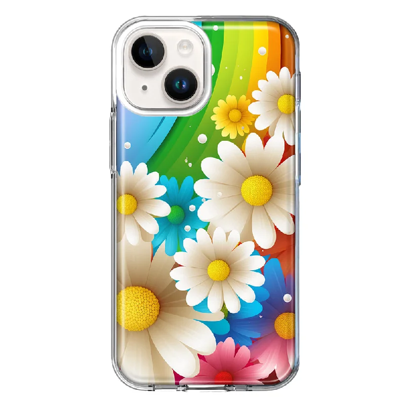 For Apple iPhone 15 Colorful Rainbow Daisies Blue Pink White Green Case Cover