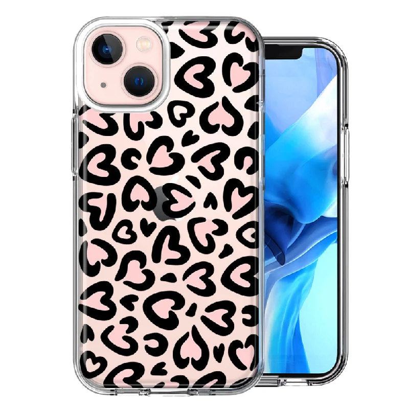 For Apple iPhone 15 Cute Pink Leopard Print Hearts Valentines Day Love Case Cover