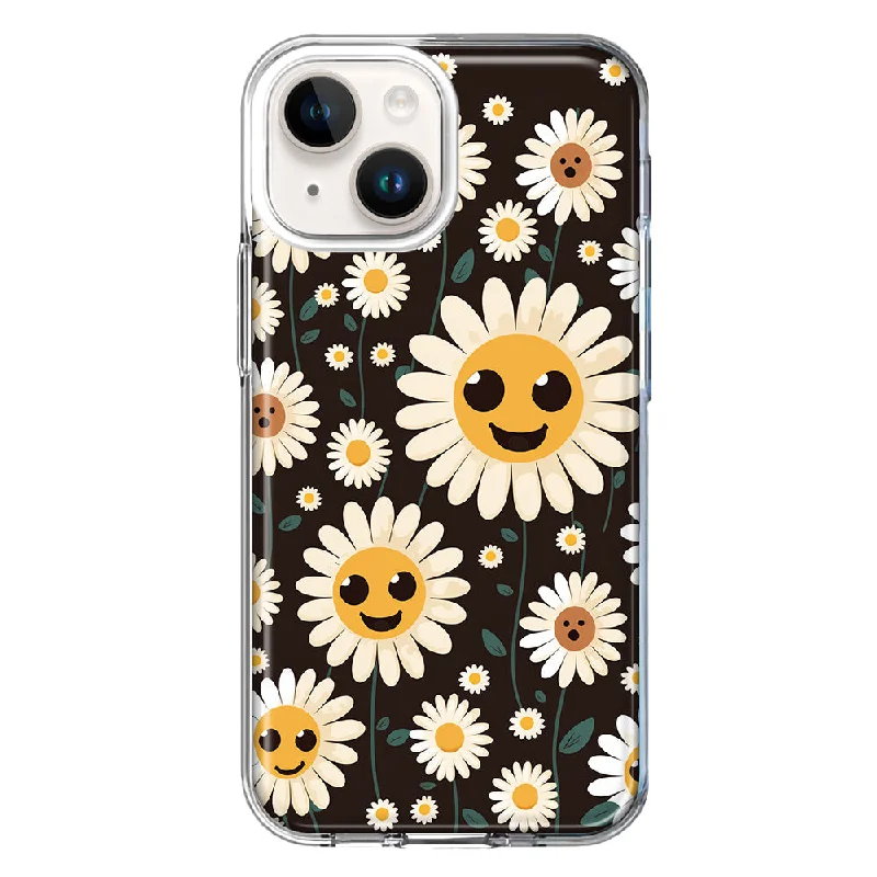 For Apple iPhone 15 Cute Smiley Face White Daisies Case Cover