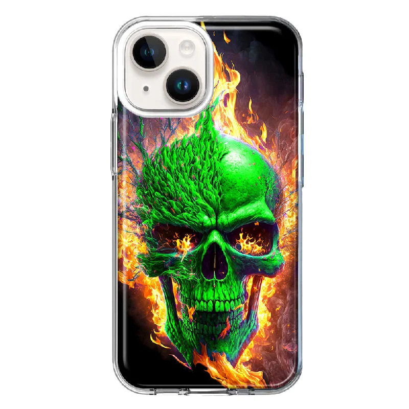 For Apple iPhone 15 Green Flaming Skull Burning Fire Case Cover