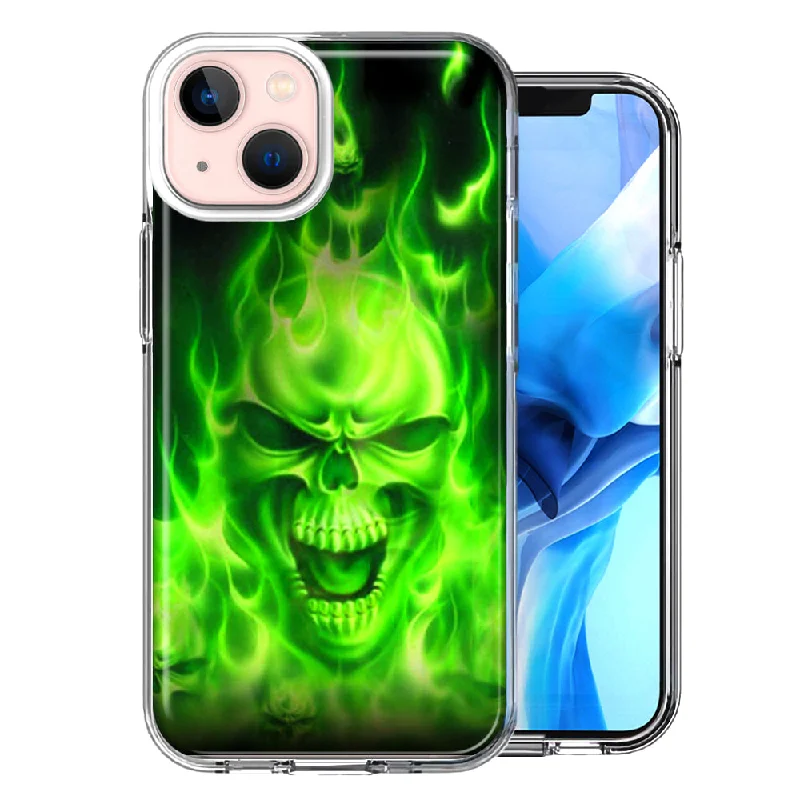 For Apple iPhone 15 Green Flaming Skull Case Cover