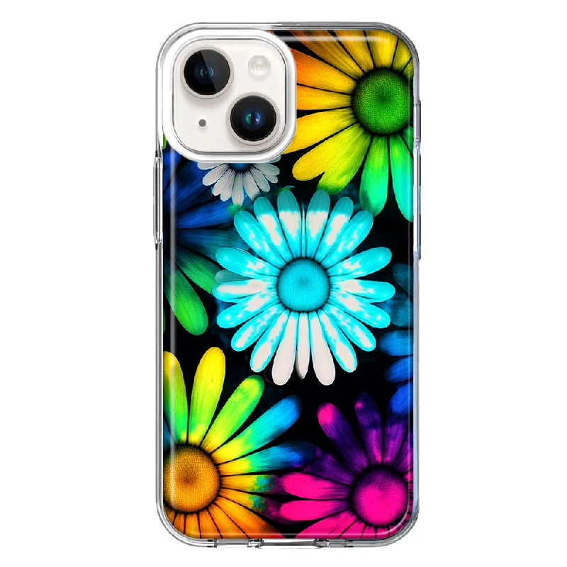 For Apple iPhone 15 Neon Rainbow Daisy Glow Colorful Daisies Baby Blue Pink Yellow White Case Cover