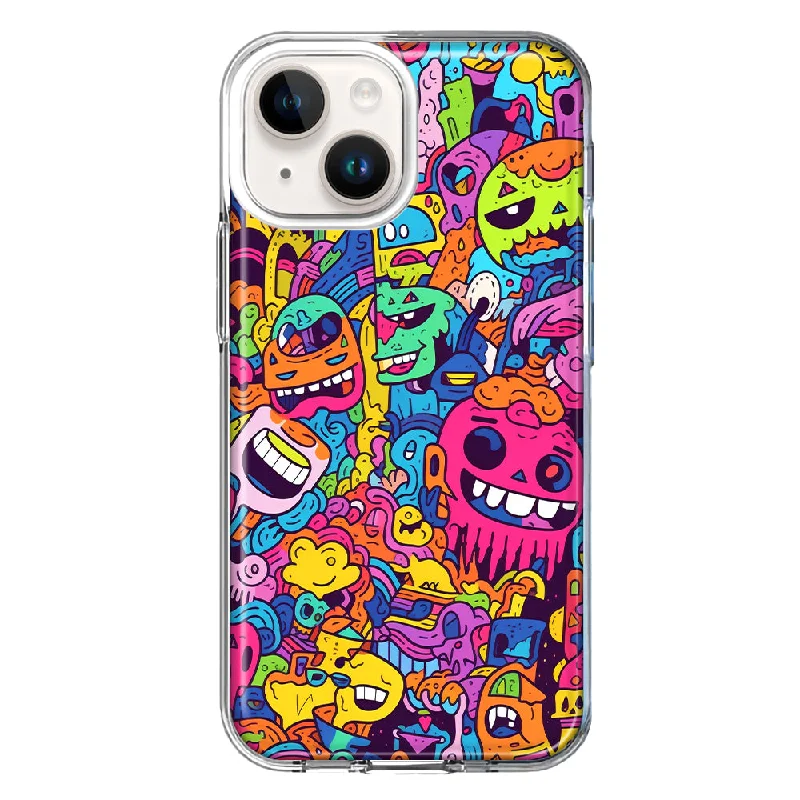 For Apple iPhone 15 Plus Psychedelic Trippy Happy Characters Pop Art Design Hybrid Protective Phone Case Cover