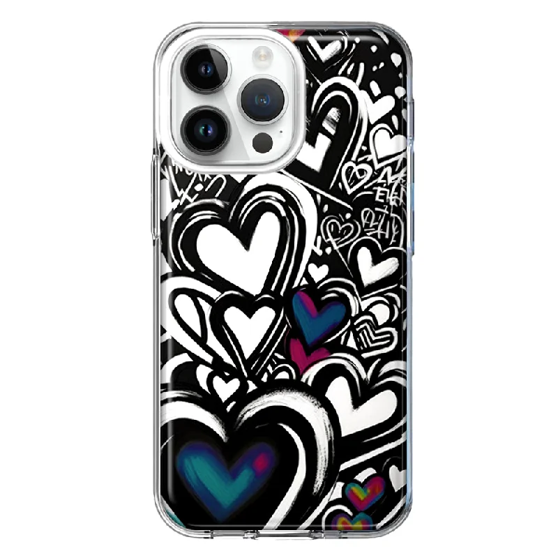 For Apple iPhone 15 Pro Black White Hearts Love Graffiti Design Hybrid Protective Phone Case Cover