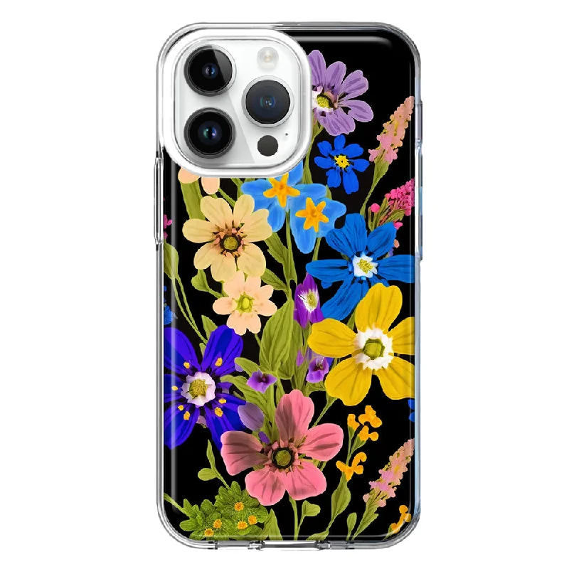 For Apple iPhone 15 Pro Blue Yellow Vintage Spring Wild Flowers Floral Design Hybrid Protective Phone Case Cover