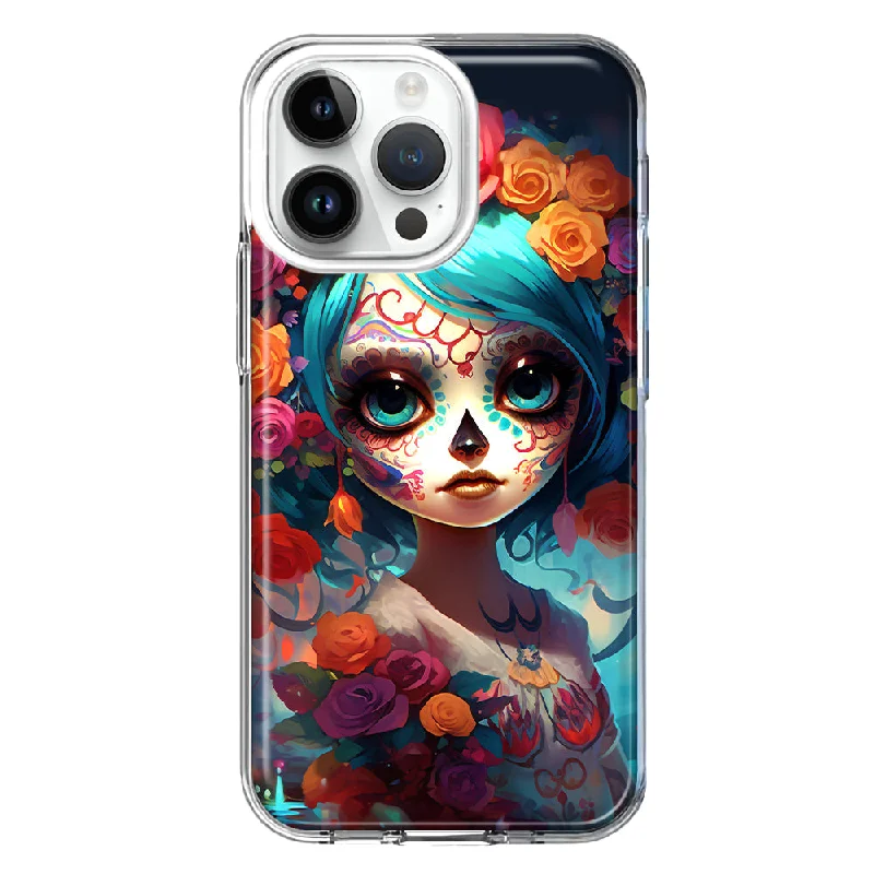 For Apple iPhone 15 Pro Halloween Spooky Colorful Day of the Dead Skull Girl Design Hybrid Protective Phone Case Cover