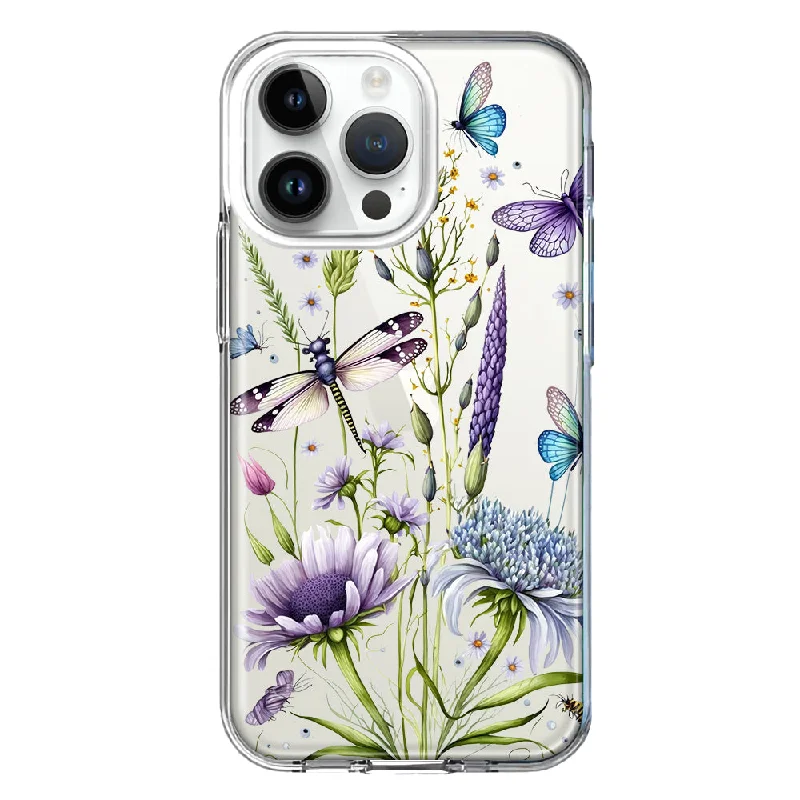 For Apple iPhone 15 Pro Lavender Dragonfly Butterflies Spring Flowers Design Hybrid Protective Phone Case Cover