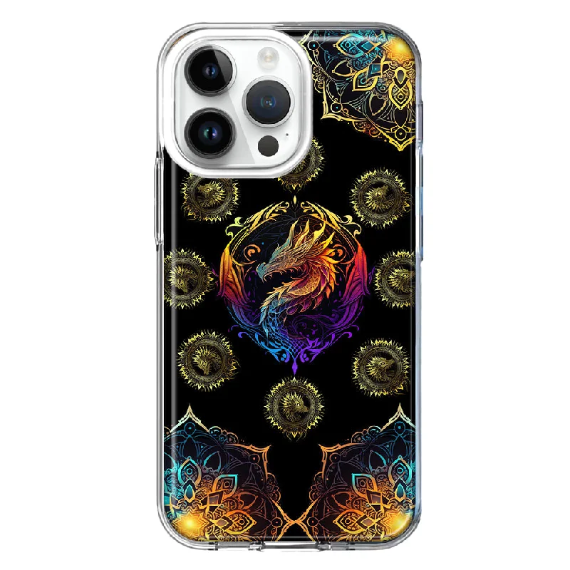 For Apple iPhone 15 Pro Mandala Geometry Abstract Dragon Pattern Design Hybrid Protective Phone Case Cover