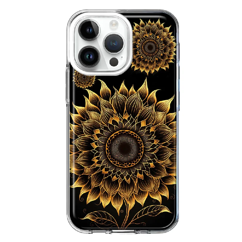 For Apple iPhone 15 Pro Mandala Geometry Abstract Sunflowers Pattern Design Hybrid Protective Phone Case Cover