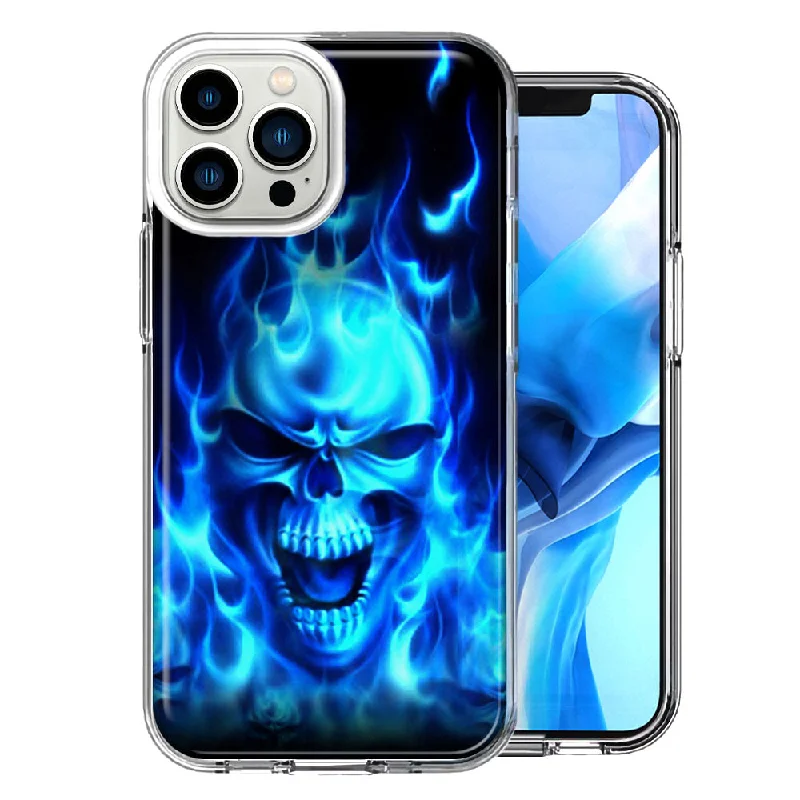 For Apple iPhone 15 Pro Max Blue Flaming Skull Double Layer Phone Case Cover