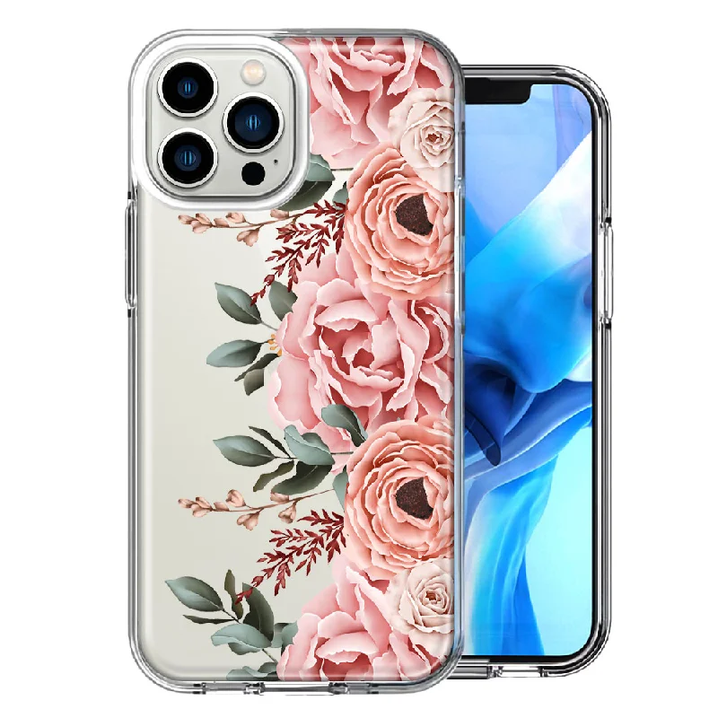 For Apple iPhone 15 Pro Max Blush Pink Peach Spring Flowers Peony Rose Design Double Layer Phone Case Cover