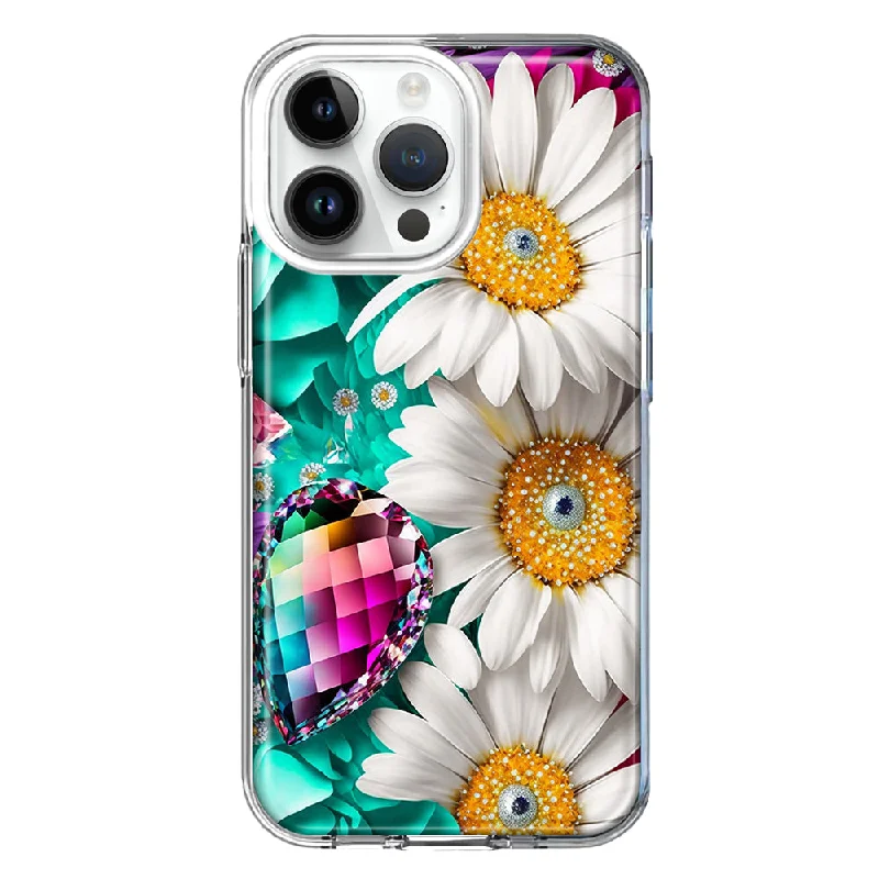 For Apple iPhone 15 Pro Max Colorful Crystal White Daisies Rainbow Gems Teal Double Layer Phone Case Cover