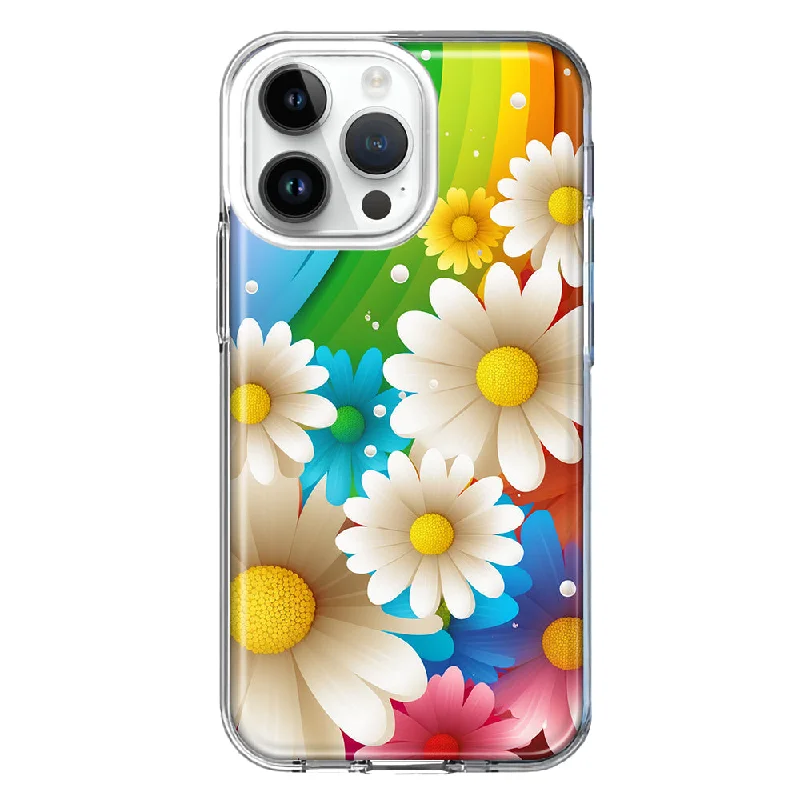 For Apple iPhone 15 Pro Max Colorful Rainbow Daisies Blue Pink White Green Double Layer Phone Case Cover