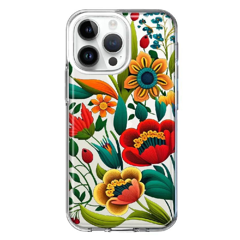 For Apple iPhone 15 Pro Max Colorful Red Orange Folk Style Floral Vibrant Spring Flowers Design Hybrid Protective Phone Case Cover