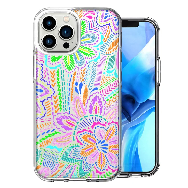 For Apple iPhone 15 Pro Max Colorful Summer Flowers Doodle Art Design Double Layer Phone Case Cover