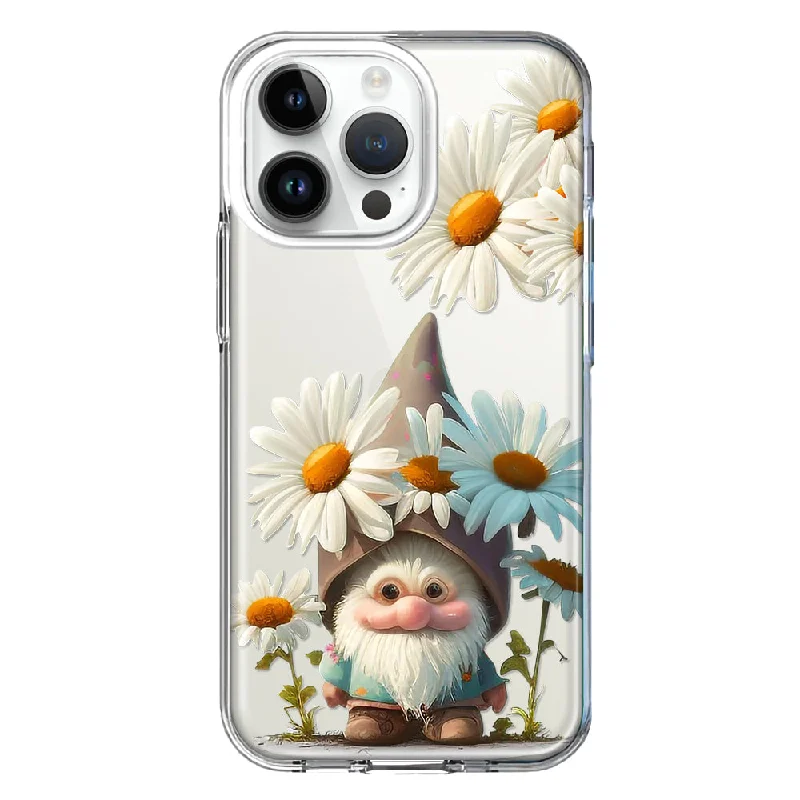 For Apple iPhone 15 Pro Max Cute Gnome White Daisy Flowers Floral Design Hybrid Protective Phone Case Cover