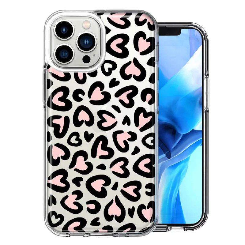 For Apple iPhone 15 Pro Max Cute Pink Leopard Print Hearts Valentines Day Love Double Layer Phone Case Cover