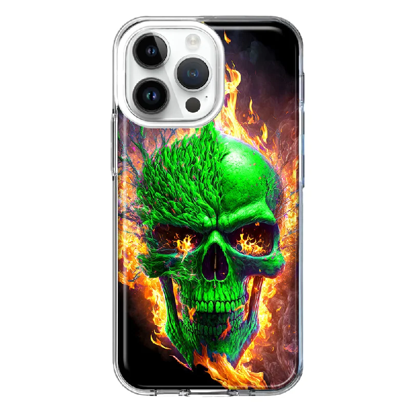 For Apple iPhone 15 Pro Max Green Flaming Skull Burning Fire Double Layer Phone Case Cover