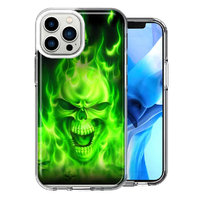 For Apple iPhone 15 Pro Max Green Flaming Skull Double Layer Phone Case Cover