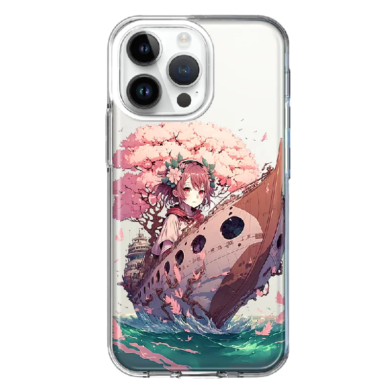 For Apple iPhone 15 Pro Max Kawaii Manga Pink Cherry Blossom Japanese Girl Boat Design Hybrid Protective Phone Case Cover