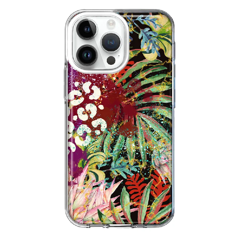 For Apple iPhone 15 Pro Max Leopard Tropical Flowers Vacation Dreams Hibiscus Floral Design Hybrid Protective Phone Case Cover