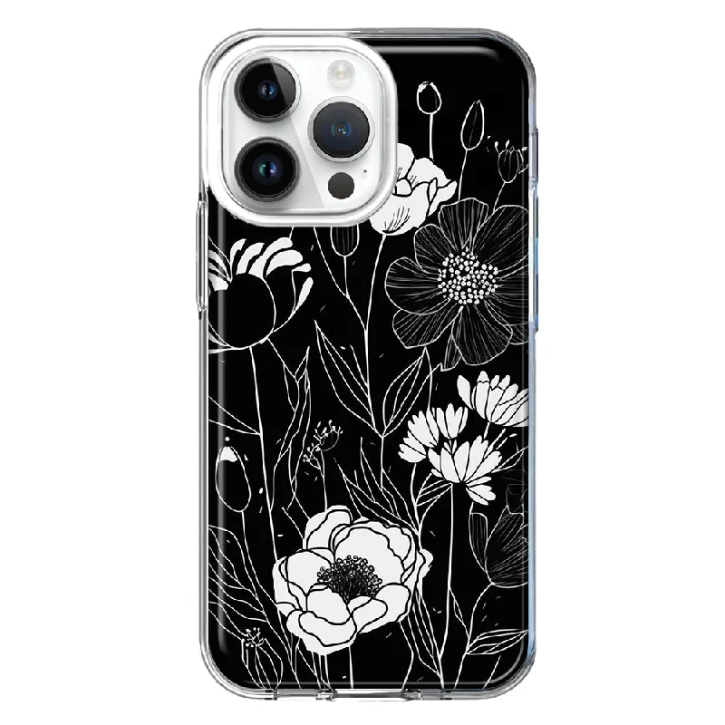 For Apple iPhone 15 Pro Max Line Drawing Art White Floral Flowers Hybrid Protective Phone Case Cover