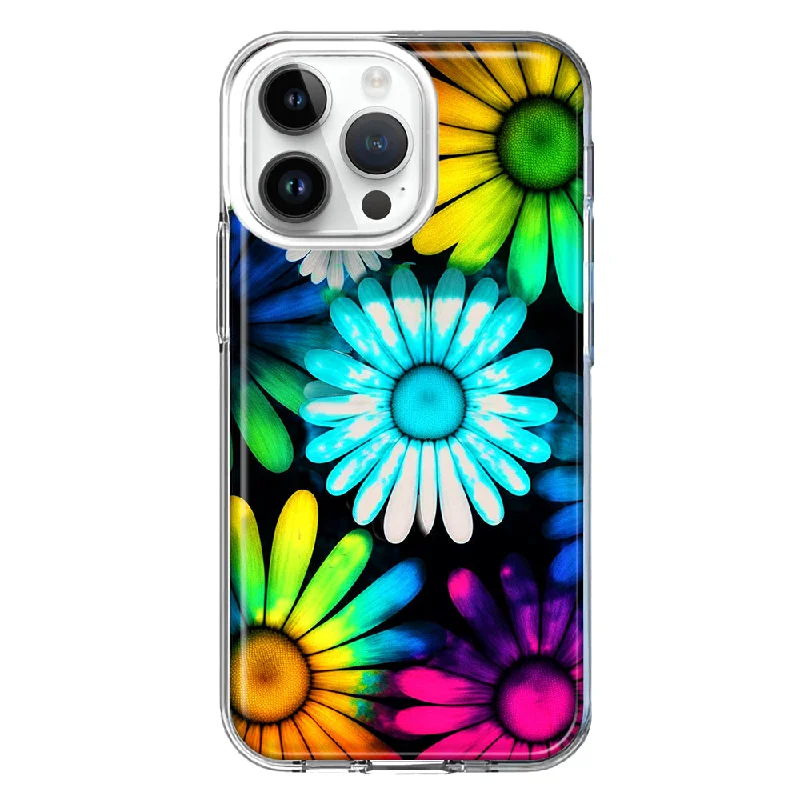 For Apple iPhone 15 Pro Max Neon Rainbow Daisy Glow Colorful Daisies Baby Blue Pink Yellow White Double Layer Phone Case Cover