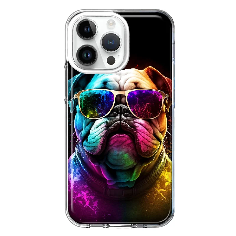 For Apple iPhone 15 Pro Max Neon Rainbow Glow Bulldog Hybrid Protective Phone Case Cover