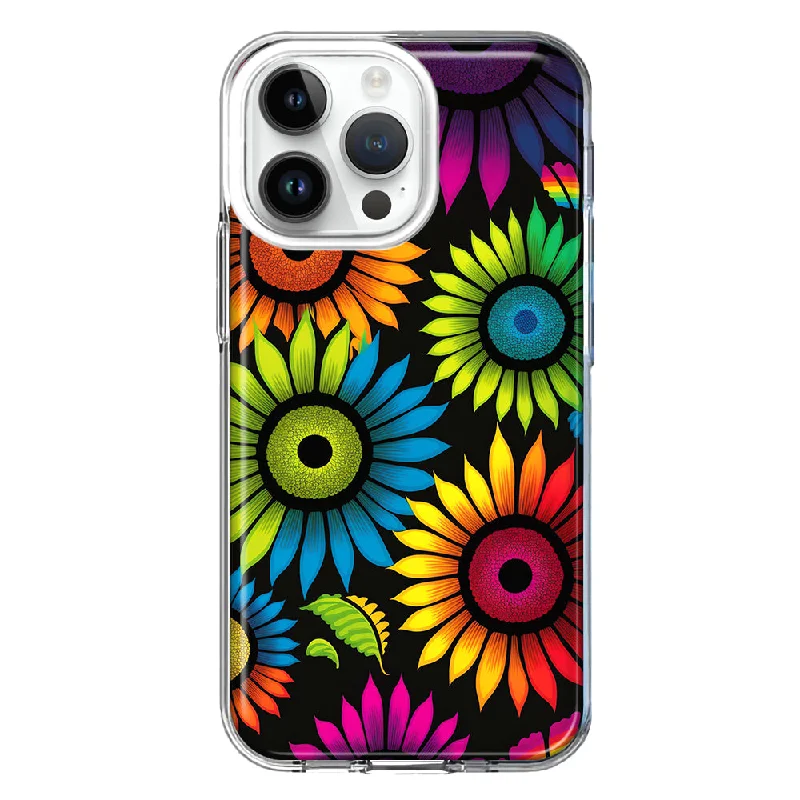 For Apple iPhone 15 Pro Max Neon Rainbow Glow Sunflowers Colorful Floral Pink Purple Double Layer Phone Case Cover