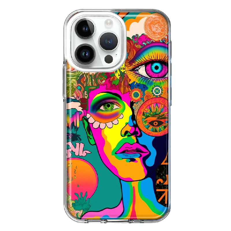 For Apple iPhone 15 Pro Max Neon Rainbow Psychedelic Hippie One Eye Pop Art Hybrid Protective Phone Case Cover