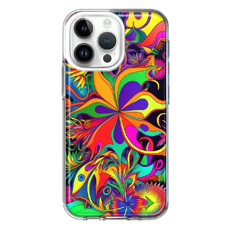 For Apple iPhone 15 Pro Max Neon Rainbow Psychedelic Hippie Wild Flowers Hybrid Protective Phone Case Cover