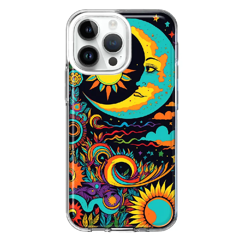 For Apple iPhone 15 Pro Max Neon Rainbow Psychedelic Indie Hippie Indie Moon Hybrid Protective Phone Case Cover