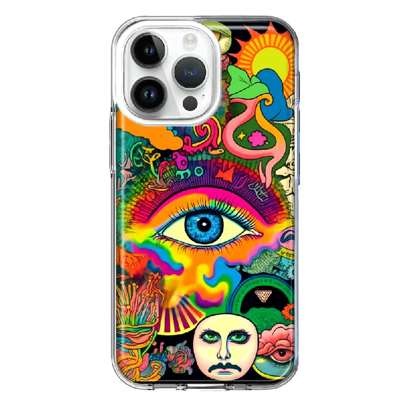 For Apple iPhone 15 Pro Max Neon Rainbow Psychedelic Trippy Hippie Multiple Eyes Design Hybrid Protective Phone Case Cover