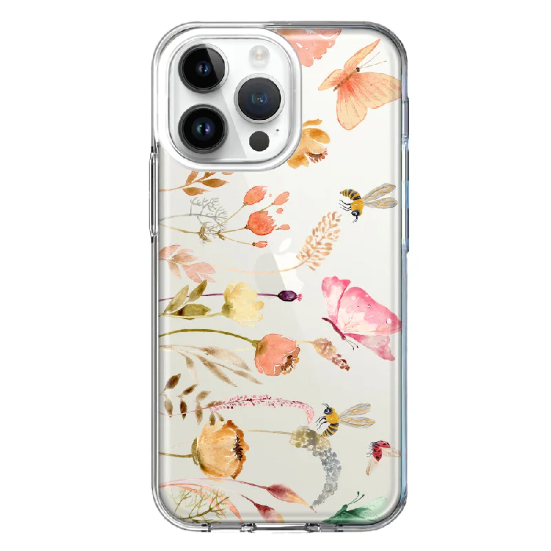 For Apple iPhone 15 Pro Max Peach Meadow Wildflowers Butterflies Bees Watercolor Floral Design Hybrid Protective Phone Case Cover