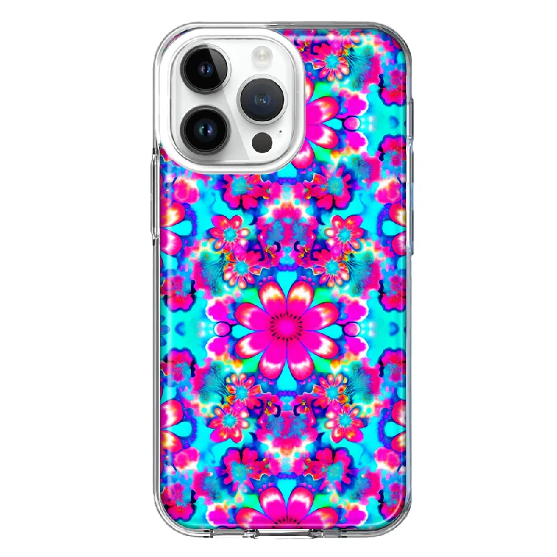 For Apple iPhone 15 Pro Max Pink Blue Vintage Hippie Tie Dye Flowers Hybrid Protective Phone Case Cover