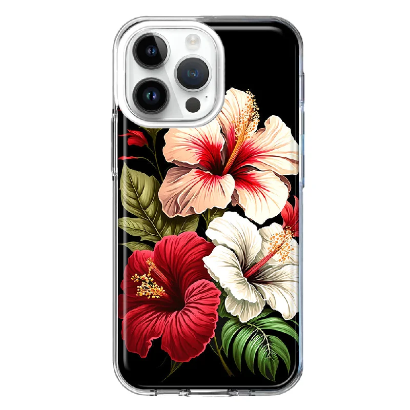 For Apple iPhone 15 Pro Max Pink Red Hibiscus Wild Flowers Floral Hybrid Protective Phone Case Cover