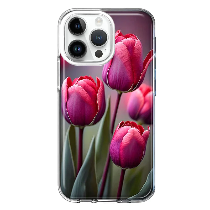 For Apple iPhone 15 Pro Max Pink Tulip Flowers Floral Hybrid Protective Phone Case Cover