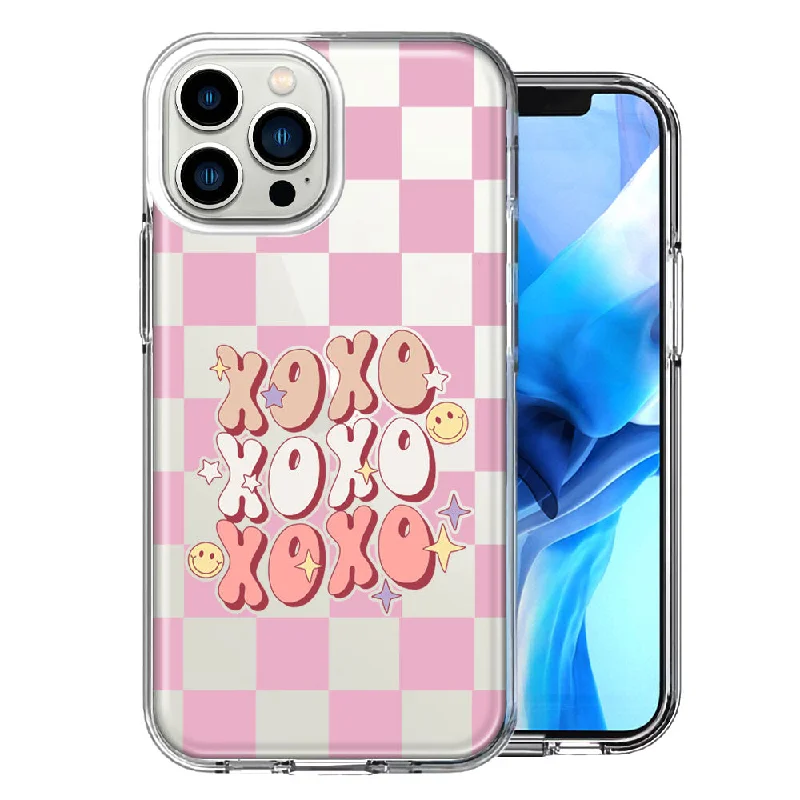 For Apple iPhone 15 Pro Max Retro Pink Checkered XOXO Vintage 70s Style Hippie Valentine Love Double Layer Phone Case Cover