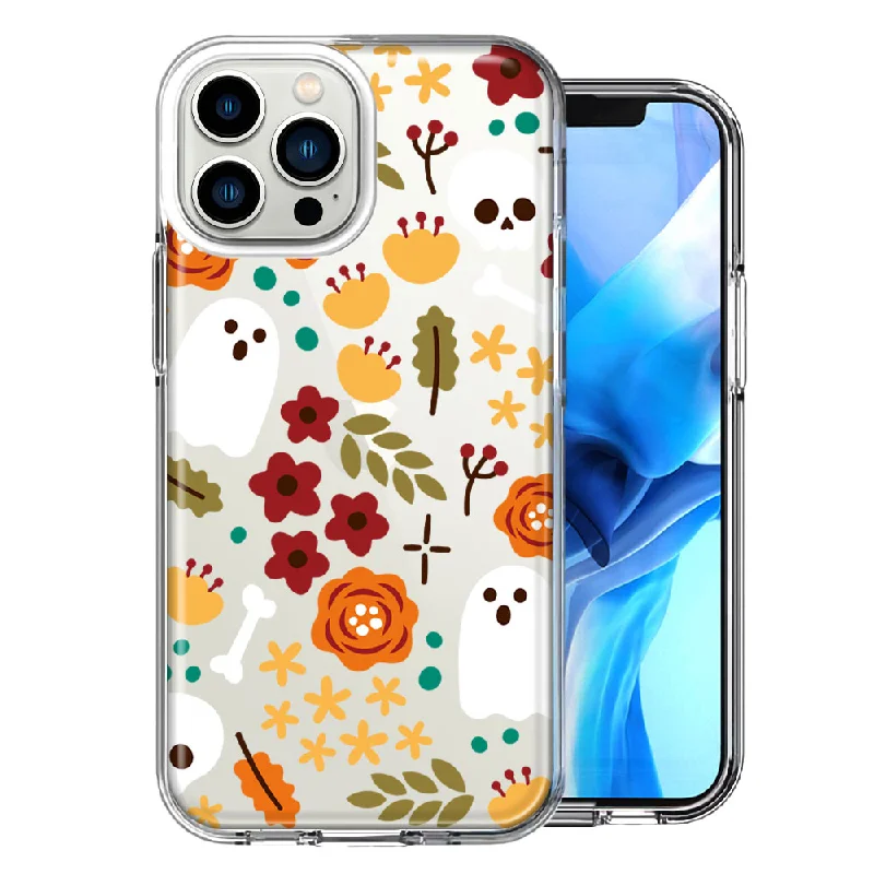 For Apple iPhone 15 Pro Max Spooky Season Fall Autumn Flowers Ghosts Skulls Halloween Double Layer Phone Case Cover