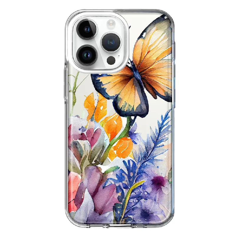 For Apple iPhone 15 Pro Max Spring Summer Flowers Butterfly Purple Blue Lilac Floral Design Hybrid Protective Phone Case Cover