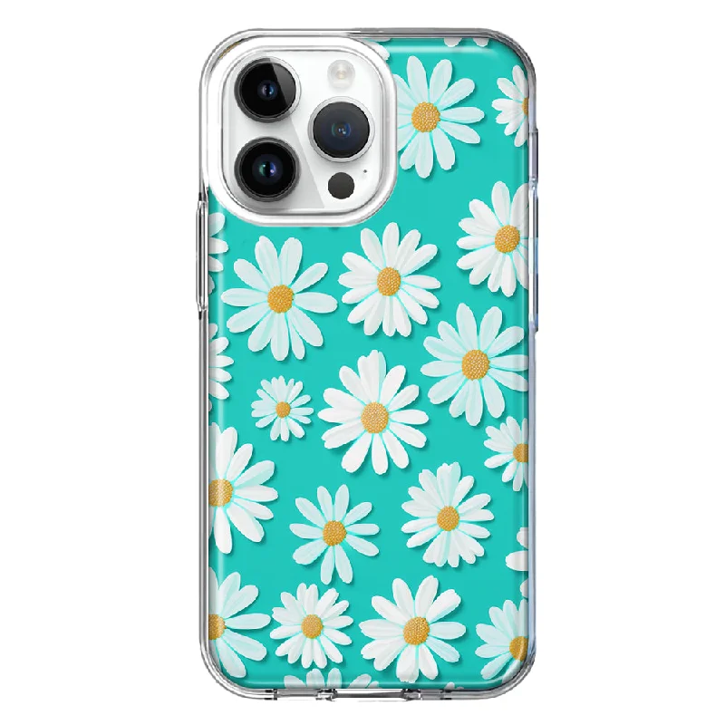 For Apple iPhone 15 Pro Max Turquoise Teal White Daisies Cute Daisy Polka Dots Double Layer Phone Case Cover