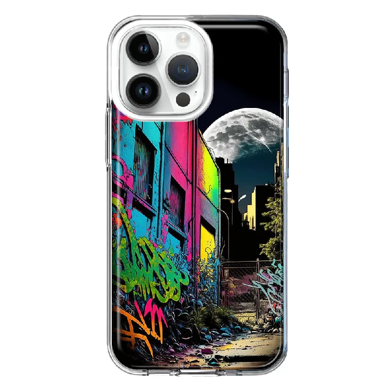 For Apple iPhone 15 Pro Max Urban City Full Moon Graffiti Painting Art Design Hybrid Protective Phone Case Cover