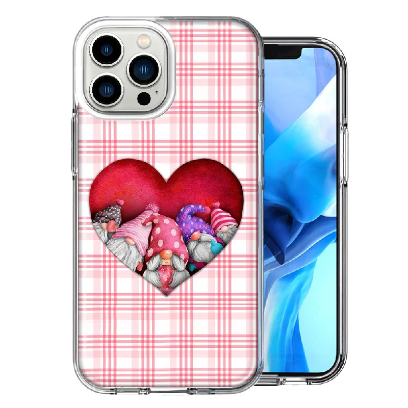 For Apple iPhone 15 Pro Max Valentine's Day Garden Gnomes Heart Love Pink Plaid Design Double Layer Phone Case Cover