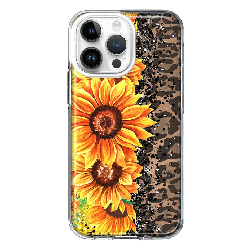 For Apple iPhone 15 Pro Max Yellow Summer Sunflowers Brown Leopard Honeycomb Design Hybrid Protective Phone Case Cover