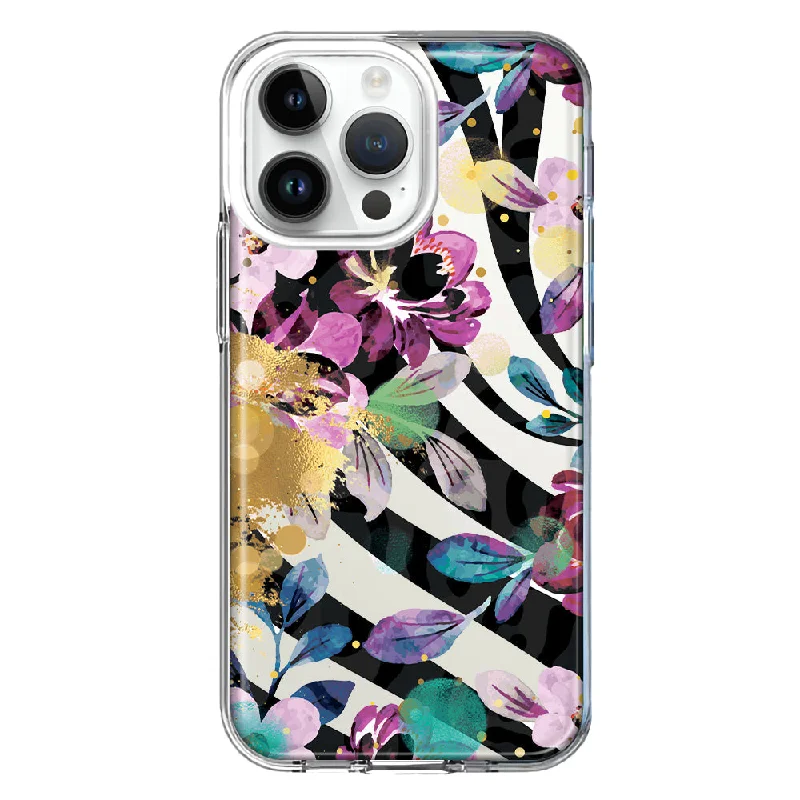 For Apple iPhone 15 Pro Max Zebra Stripes Tropical Flowers Purple Blue Summer Vibes Design Hybrid Protective Phone Case Cover